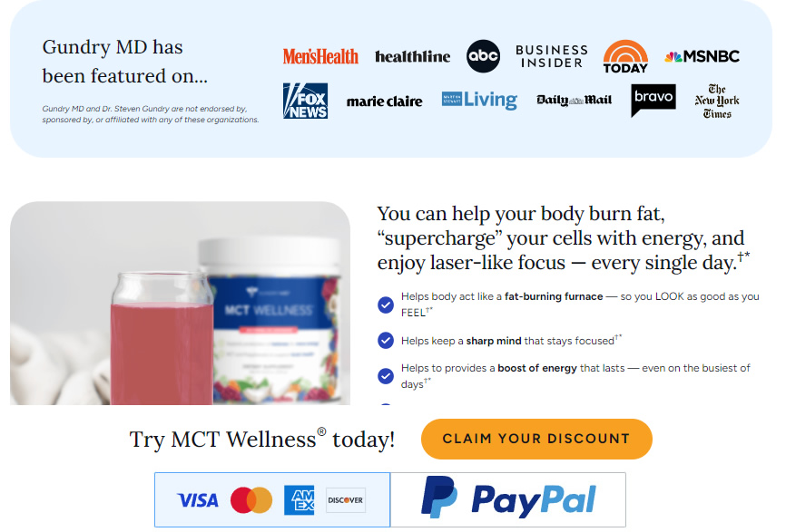 Image: Gundry MCT Wellness Review, discussing reviews, hoax claims, and scam allegations.
